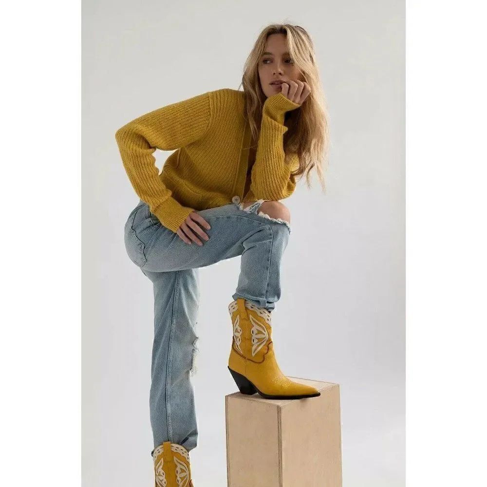 NWT FREE PEOPLE Sz S MIMOSA RIBBED CROPPED CARDIGAN SWEATER In SUNSHINE